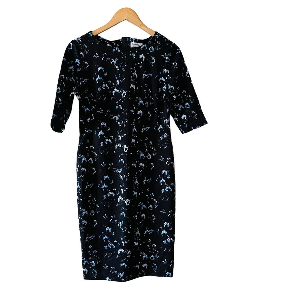 Carmen Marc Valvo Floral Sheath Dress Size S Small Black Blue